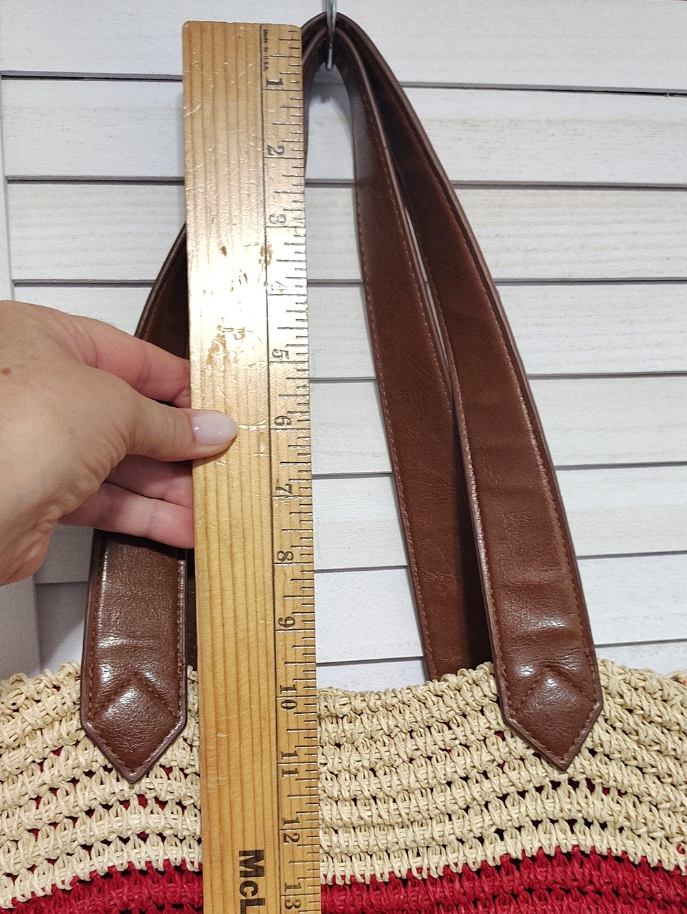 Sun and Sail Striped Red and Cream Woven Tote with Brown Leather Handles - Picture 9 of 9